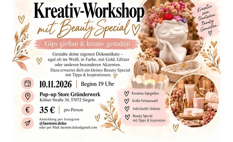 Kreativworkshop Gipsgießen mit Beauty Special, Leisure & Excursions / Crafts & Making, Pop-Up Store Gründerwerk