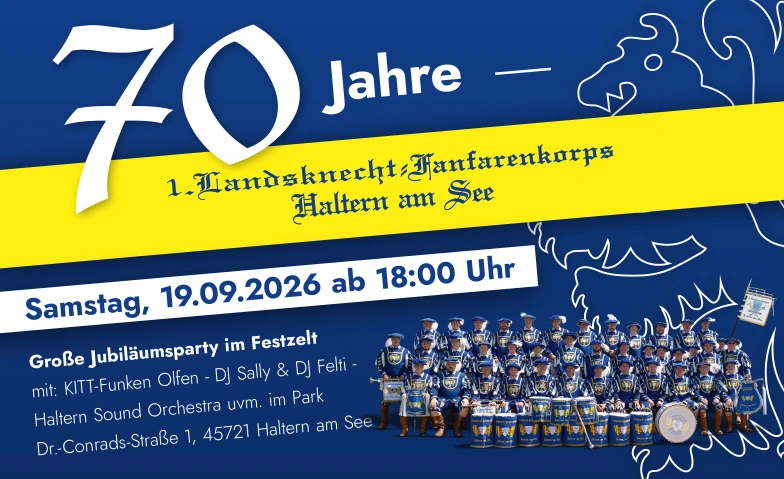 70 Jahre 1. Landsknecht Fanfarenkorps Haltern am See Kardinal-Graf-von-Galen-Park, Dr.-Conrads-Stra&szlig;e 1, 45721 Haltern am See Billets