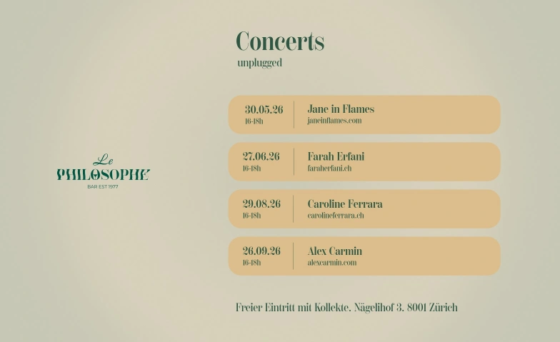 Le Philosophe Concerts unplugged Bar Le Philosophe, N&auml;gelihof 3, 8001 Z&uuml;rich Tickets