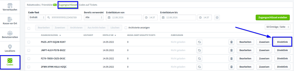 Direktlink Zugangsschl&uuml;ssel