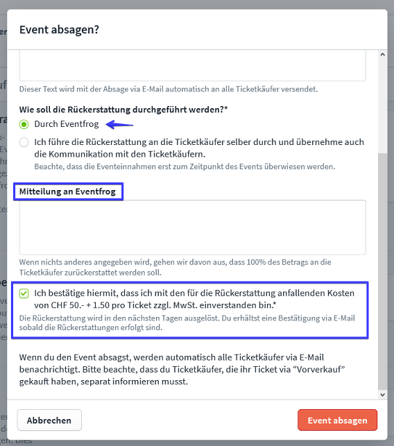 Event absagen III zweites Modal R&uuml;ckerstattung &uuml;ber Eventfrog