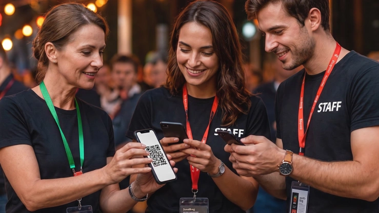 Helfer:innen scannen Code