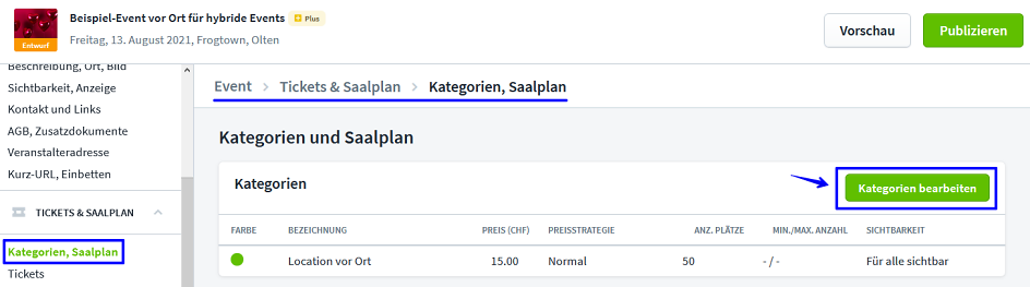 Hybride Events Kategorien bearbeiten II