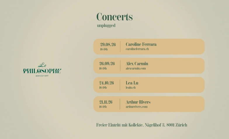 Le Philosophe Concerts unplugged Bar Le Philosophe, N&auml;gelihof 3, 8001 Z&uuml;rich Tickets