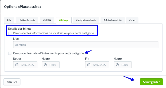 Param&egrave;tres Cat&eacute;gories de billets VI