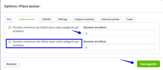 Param&egrave;tres des cat&eacute;gories de billets IIII