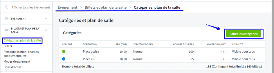 Param&egrave;tres des cat&eacute;gories de billets II