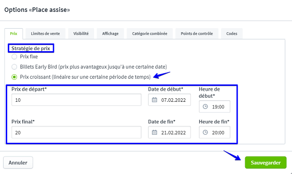 Param&egrave;tres des cat&eacute;gories de billets III