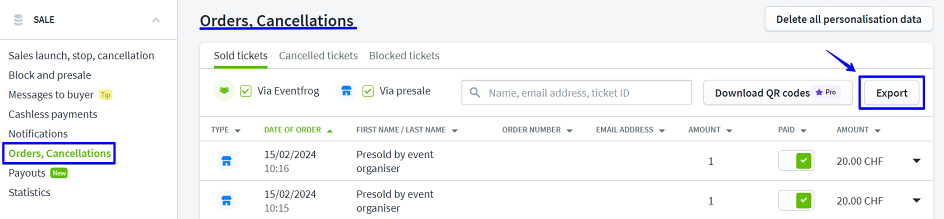 wo kann ich die K&auml;uferdaten meiner Ticketverk&auml;ufe exportieren eng