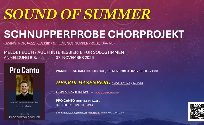 Pro-Canto Schnupperprobe 2026, Diverses, Deine Chance - Schnupperprobe Pro Canto St Gallen 16.11.2026 / Anmeldung: procanto@gmx.ch